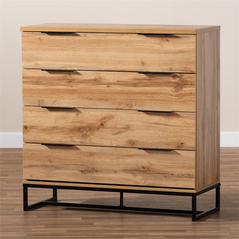 Bowery Hill Industrial Oak Finished Wood Black Metal 4-Drawer Dresser