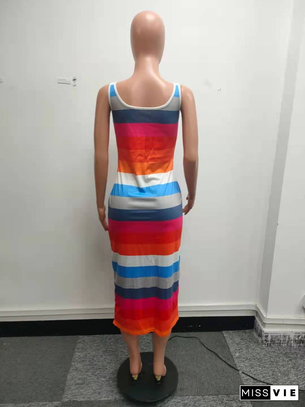 Summer Contrast Color Striped Sleeveless Bodycon Long Dress