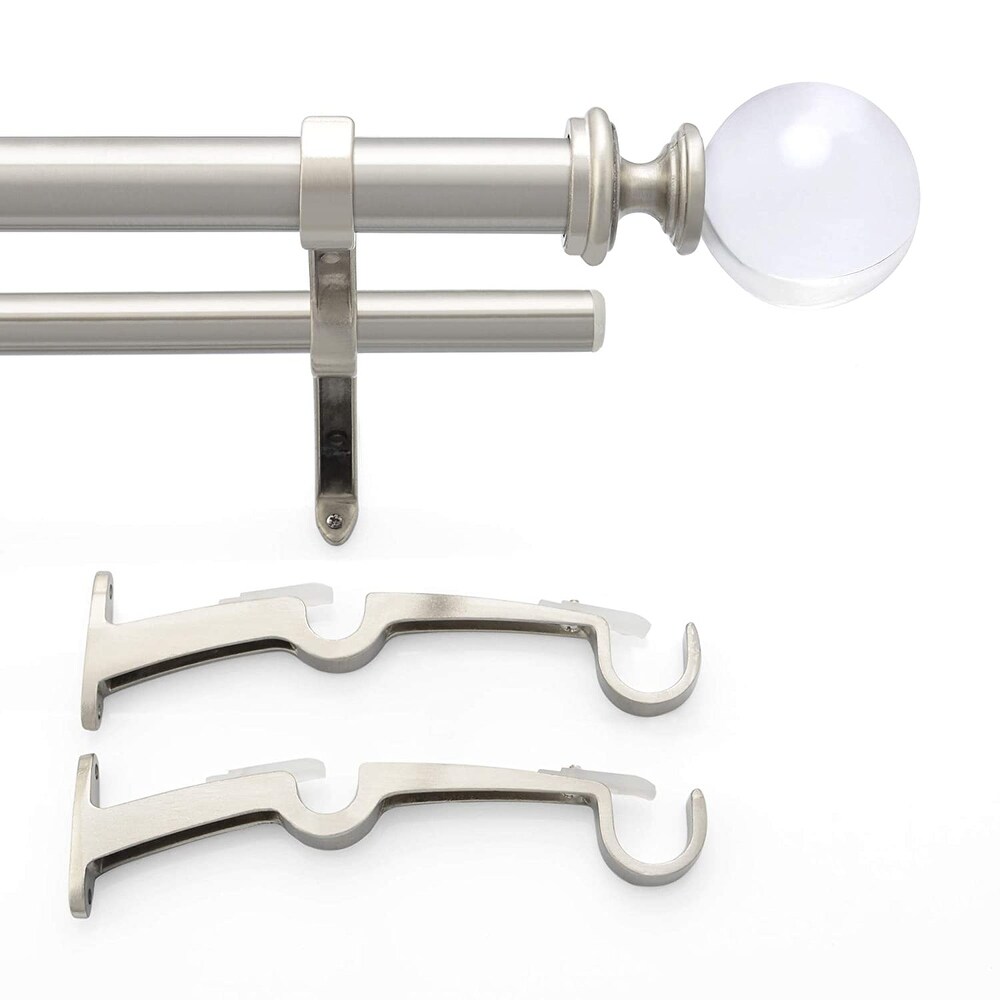 1 Inch Adjustable Silver Double Curtain Rod for Windows   Doors Curtains with Acrylic Ball Finials  Brackets Set  By Deco Window