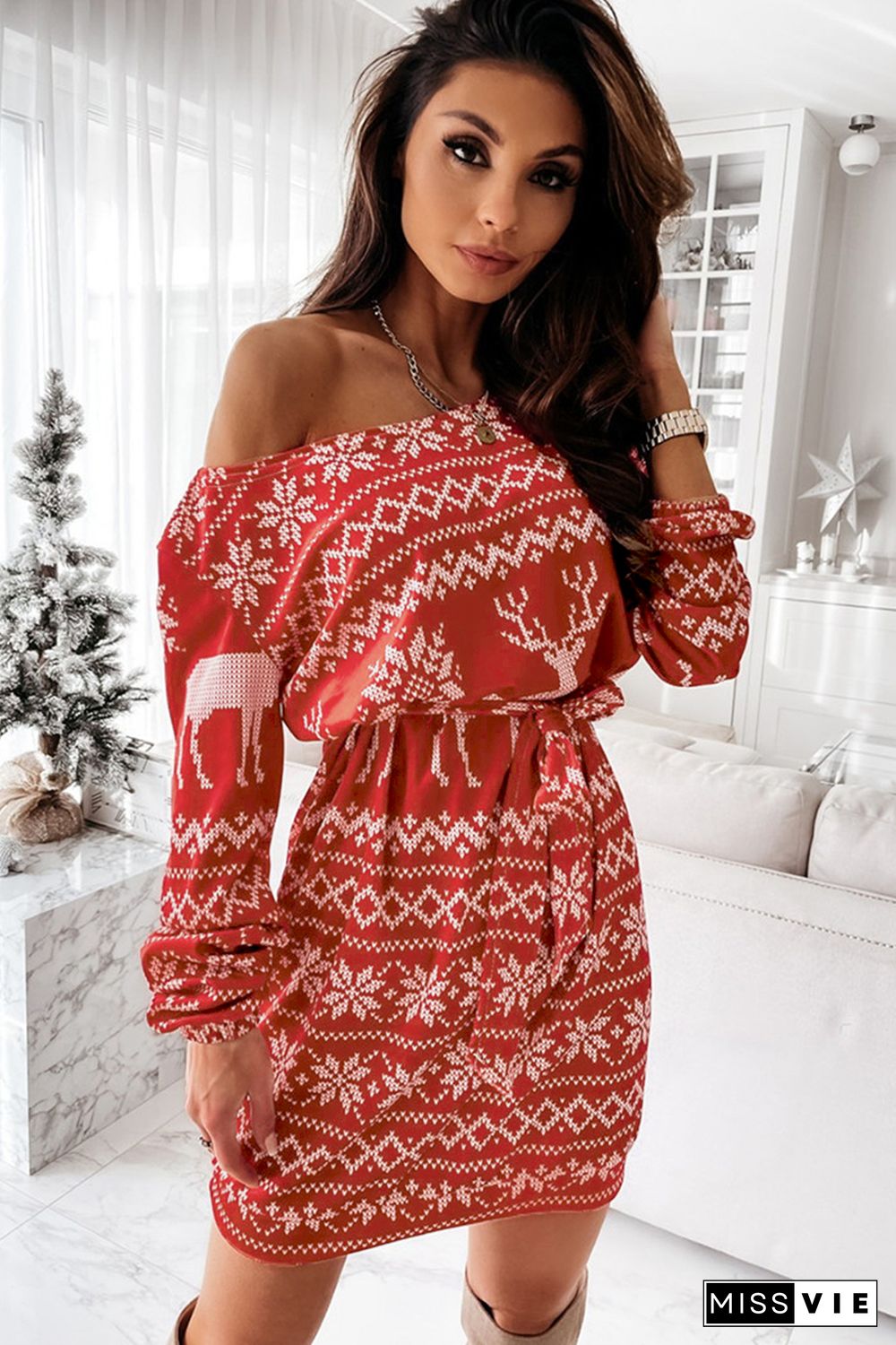 Christmas Pattern Print Lace-up Long Sleeve Mini Dress