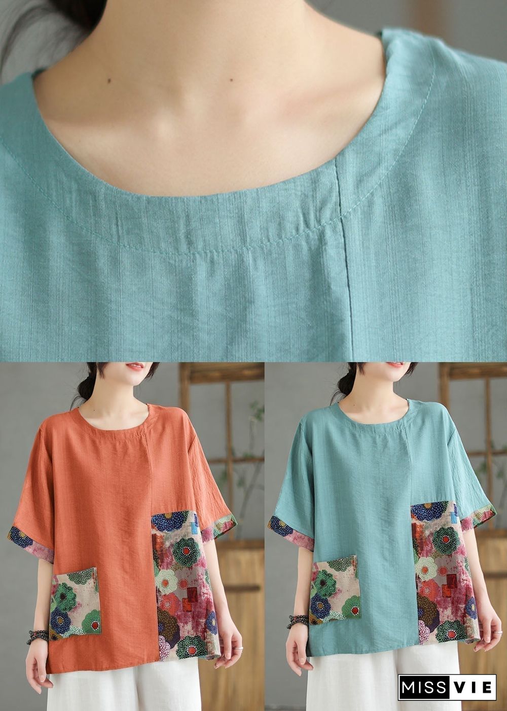 Women Print6  O Neck Print Patchwork Linen T Shirt Top Summer