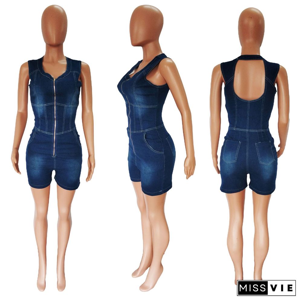 Sleeveless Open Back Bodycon Denim Romper