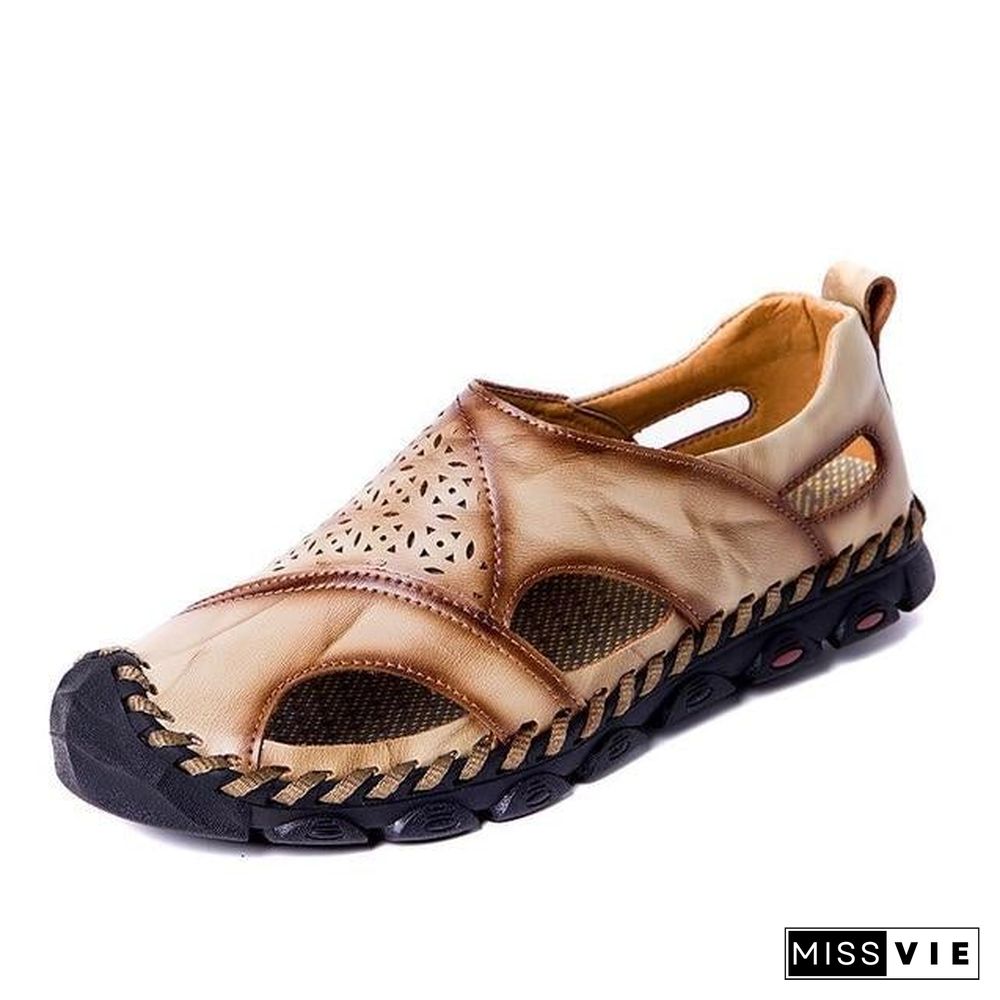 Men Breathable Genuine Leather Sandals Plus Size Casual Beach Flats Shoes