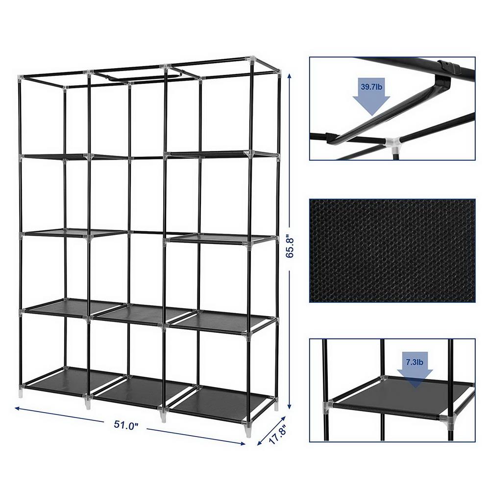 UBesGoo 10 Shelves Portable Closet Wardrobe Non-woven Fabric Clothes Rack, Black