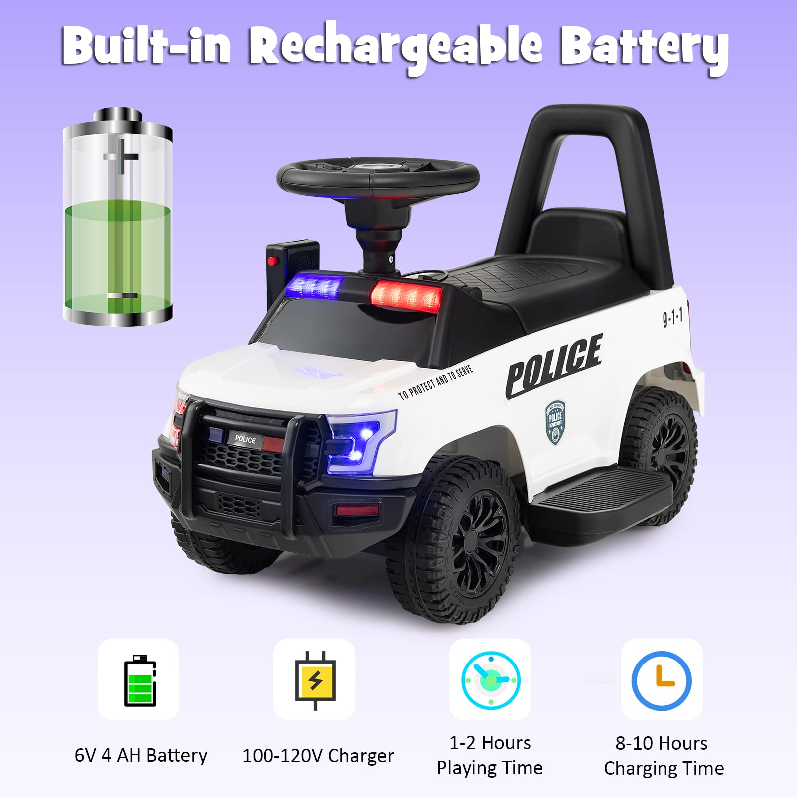 Costzon Ride on Car, 6V Battery Powered Police Car with Side Megaphone, Horn