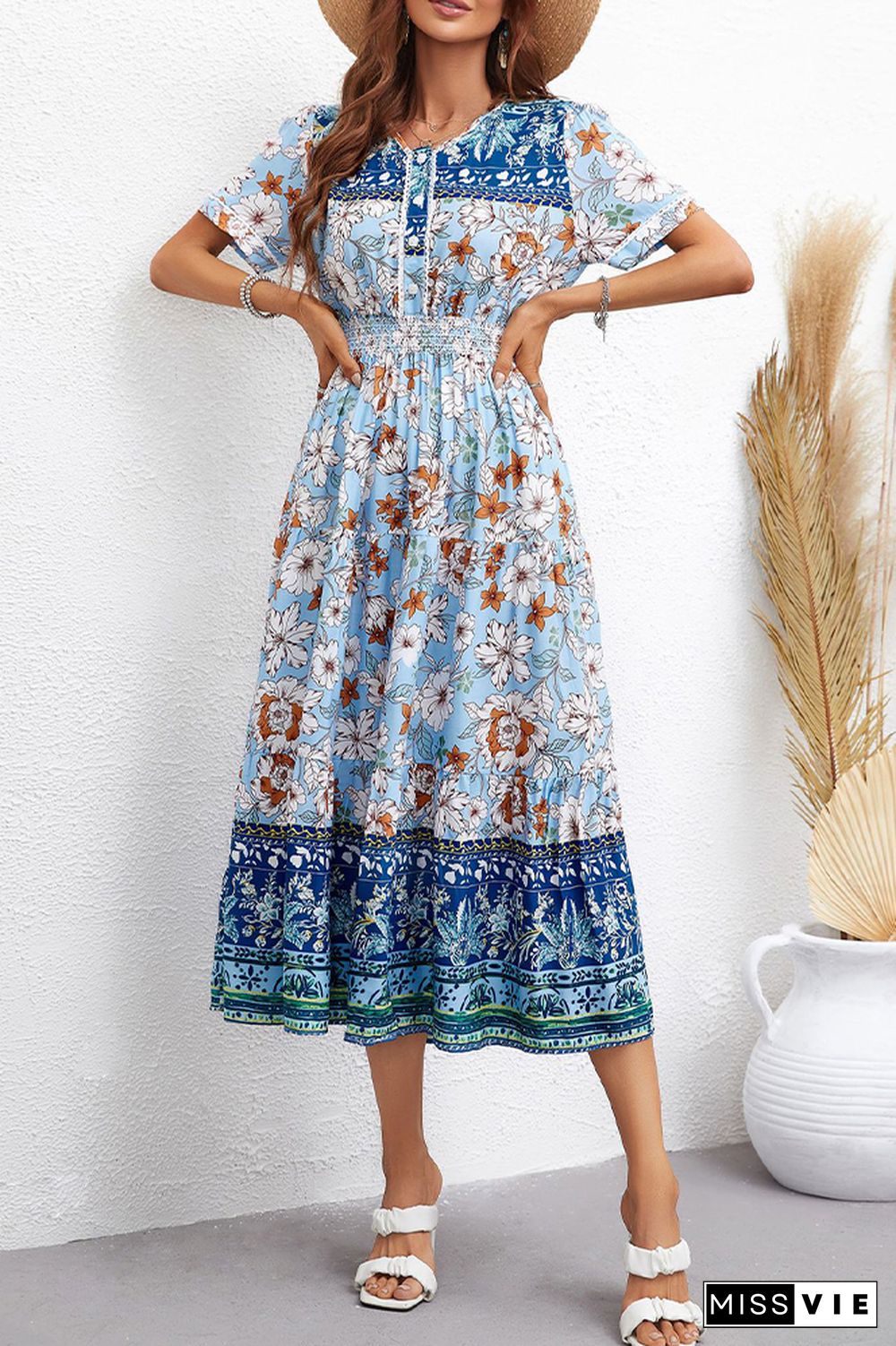 Bohemia Vintage Tiered Short Sleeve Flower Dress