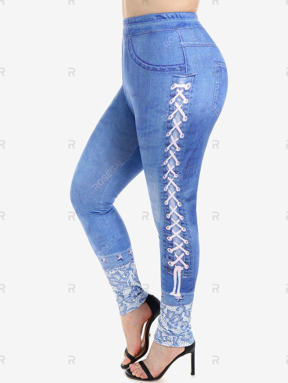 3D Denim Print T-shirt and 3D Denim Skinny Jeggings Plus Size Outfit