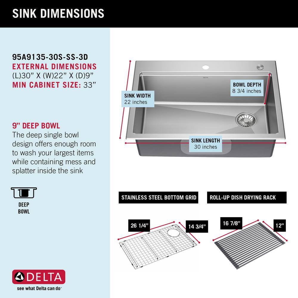 Delta Emery Stainless Steel 30 in. Single Bowl UndermountDrop-In Workstation Kitchen Sink with Accessories 95A9135-30S-SS-3D