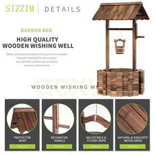 Sizzim Outdoor Wishing Well Wooden Planter with Hanging Bucket for Garden Patio Yard Decor Upgrade - Reinforced Base SM-28002