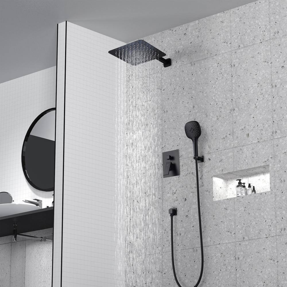 CASAINC 3-Spray Patterns with 10 in. Wall Mount Dual Shower Heads with Hand Shower Faucet in Black (Valve Included) M6646-A-10-MB