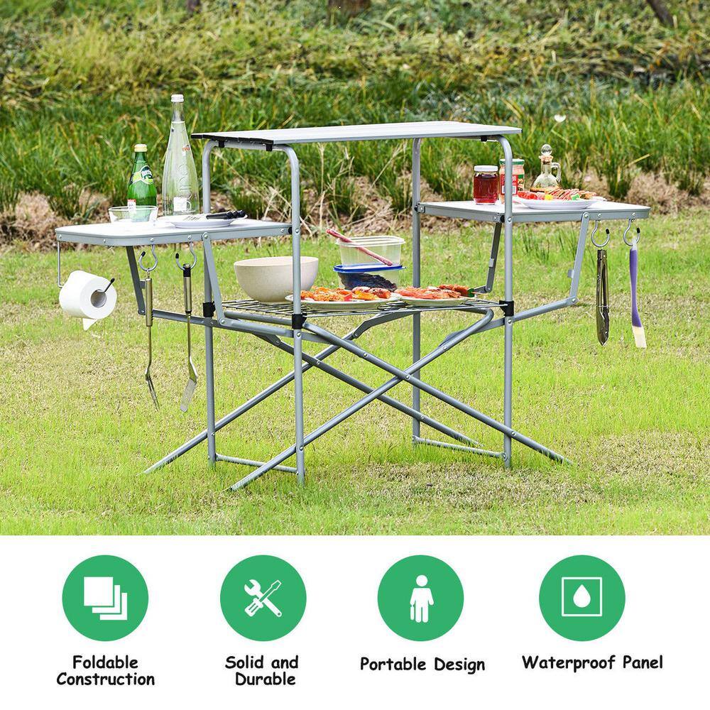 32 in. H White Rectangle Aluminum Foldable Camping Outdoor Picnic Table Kitchen Grilling Stand BBQ WF-OP3688