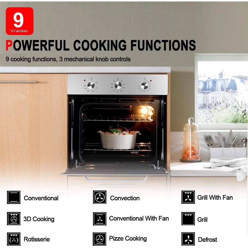 GASLAND Chef 24 in. Built-In Single Electric Wall Oven with Rotisserie 9-Cooking Modes Mechanical Knob Control in Black ES609MB-N1