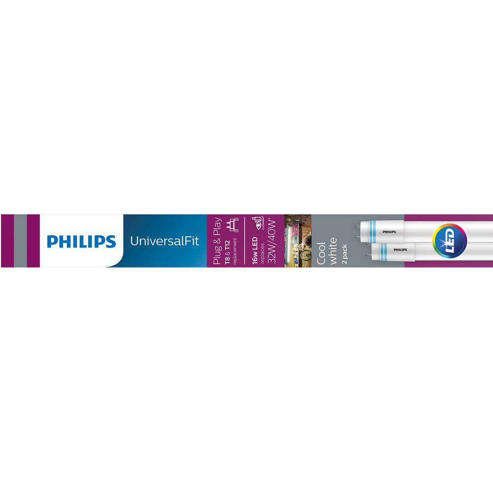 Philips 32W T840W T12 Equivalent 4 ft. Type A Linear Universal Fit Cool White LED Tube Light Bulb (4000K) (2-Pack) 539155