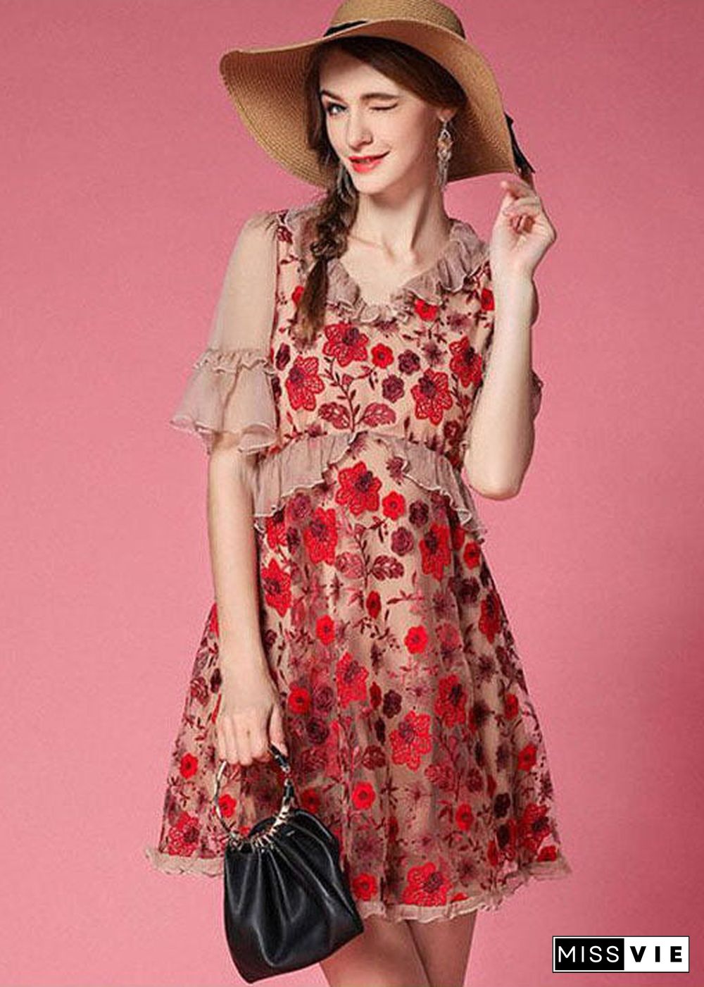 Bohemian Red Embroideried Patchwork Tulle Vacation Dress Short Sleeve