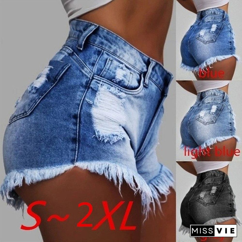 Women Fashion New Denim Ripped High Waist Shorts Hot Shorts Washed Jeans Summer Short Pants