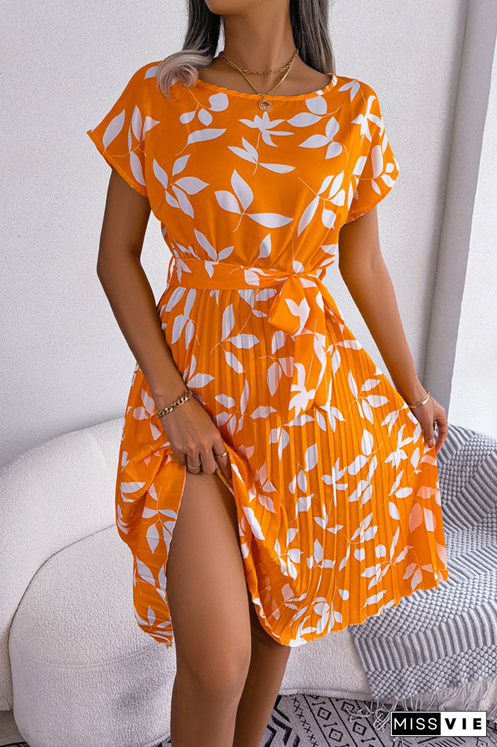 Leaf Print Pleated Midi Dress With Sash