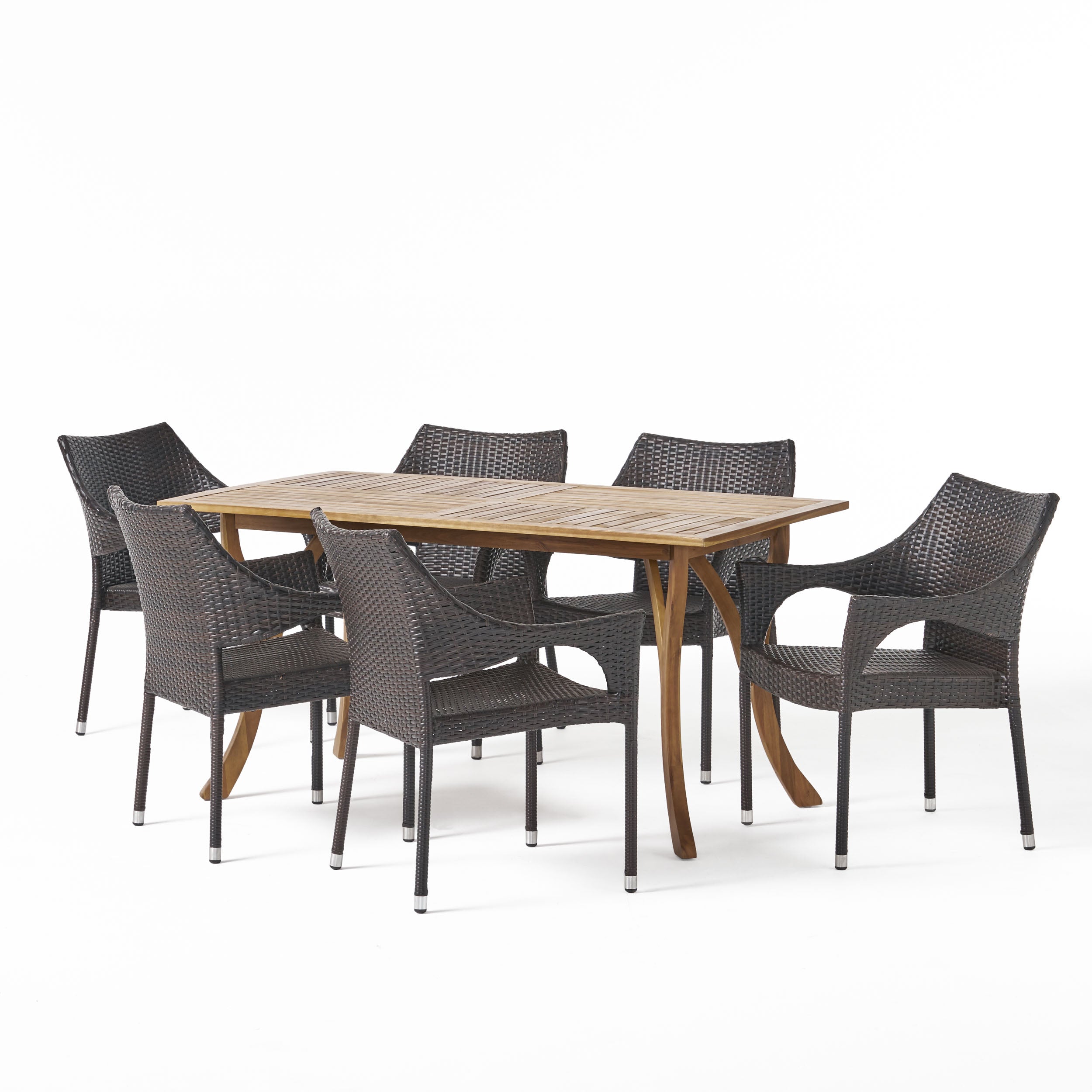 Zoey Outdoor 7 Piece Acacia Wood/ Wicker Dining Set, Teak Finish and Multibrown