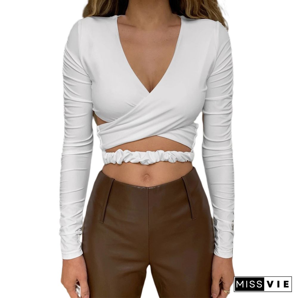 Fashion Elegant White Wrap Women's Top Long Sleeve Cropped Top T-Shirts Autumn Cut Out Backless Top Tees Slim