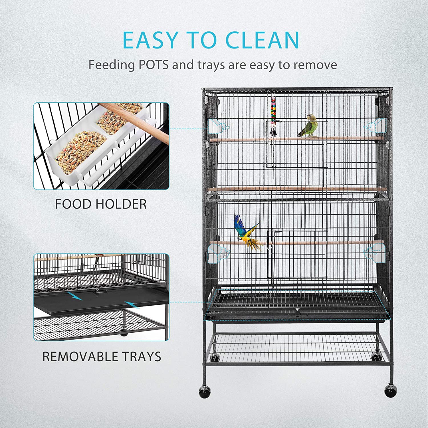 VIVOHOME 53 Inch Wrought Iron Large Bird Cage with Rolling Stand for Parrots Conures Lovebird Cockatiel Parakeets