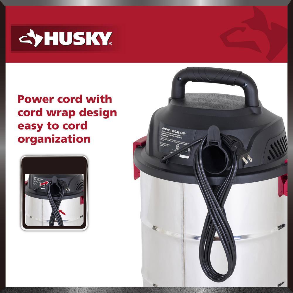 Husky 10 Gal. Stainless Steel WetDry Vac with Filter Hose and Accessories AT18503-10C