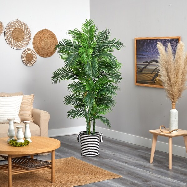 6' Curvy Parlor Artificial Palm Tree in Handmade Black and White Natural Jute and Cotton Planter