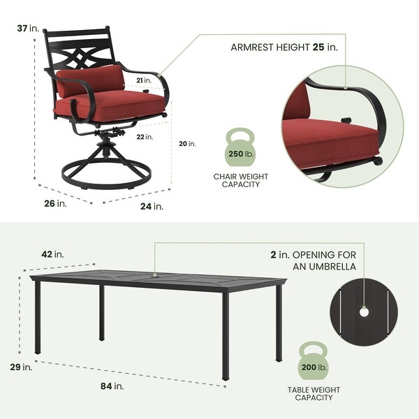 Hanover Montclair 9Piece Dining Set in Chili Red with 8 Swivel Rockers and a 42In. x 84In. Table