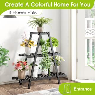 32 in. H Bamboo Plant Stand for Indoor Outdoor Tiered Plant Shelf 8 Potted Flower Holder Ladder Plant Rack 3-Tier PUL5YS