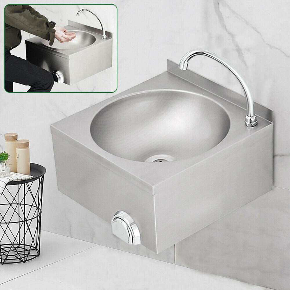 TFCFL Hand Wash Basin Stainless Steel Sink Wall Mount Knee-Operated Washing Basin with Faucet for Commercial and Home