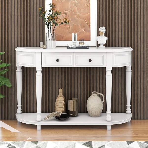 Retro Circular Curved Design Console Table with Open Style Shelf Solid Wooden Frame and Legs Two Top Drawers for Living Room