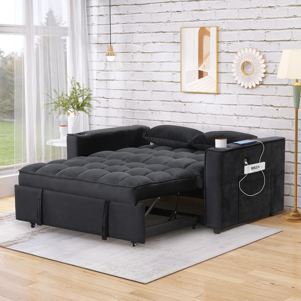 Velvet Upholstered Sofa Bed Convertible Sleeper Sofa with Cup Holder and USB Port   Perfect for Living Rooms and Apartments