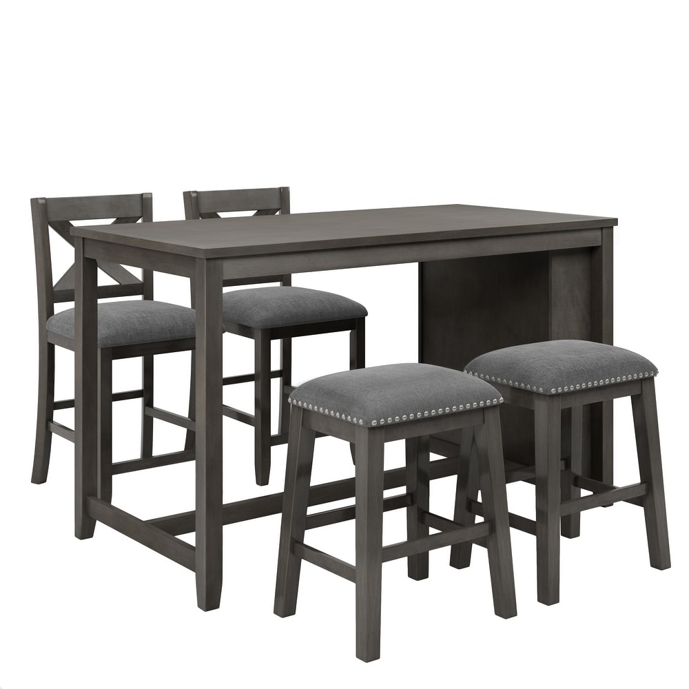 Rustic 5 Pieces Counter Height Dining Table Set Gray Wooden Bar Table Set with 3 Tier Storage Shelf  2 Stools and 2 Chairs