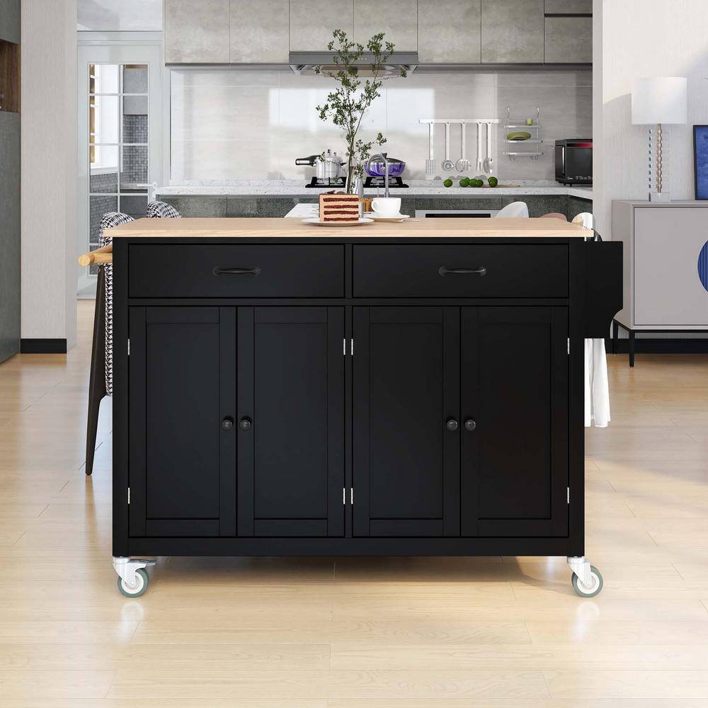 Black Wood Kitchen Island Cart with 2-Drawers and Locking Wheels BF1663C250