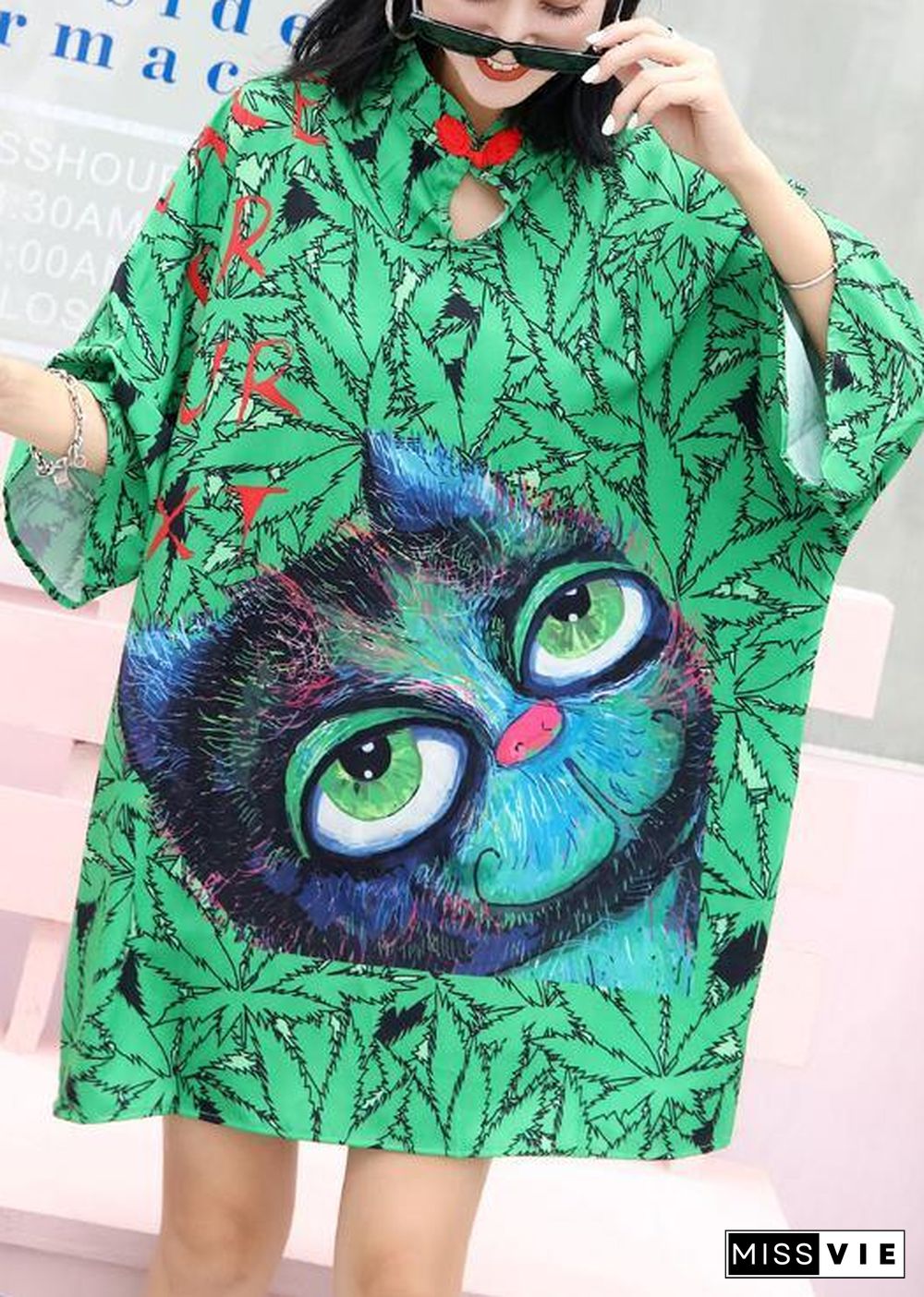 Handmade Chinese Button Cotton quilting dresses Neckline green prints Dresses summer