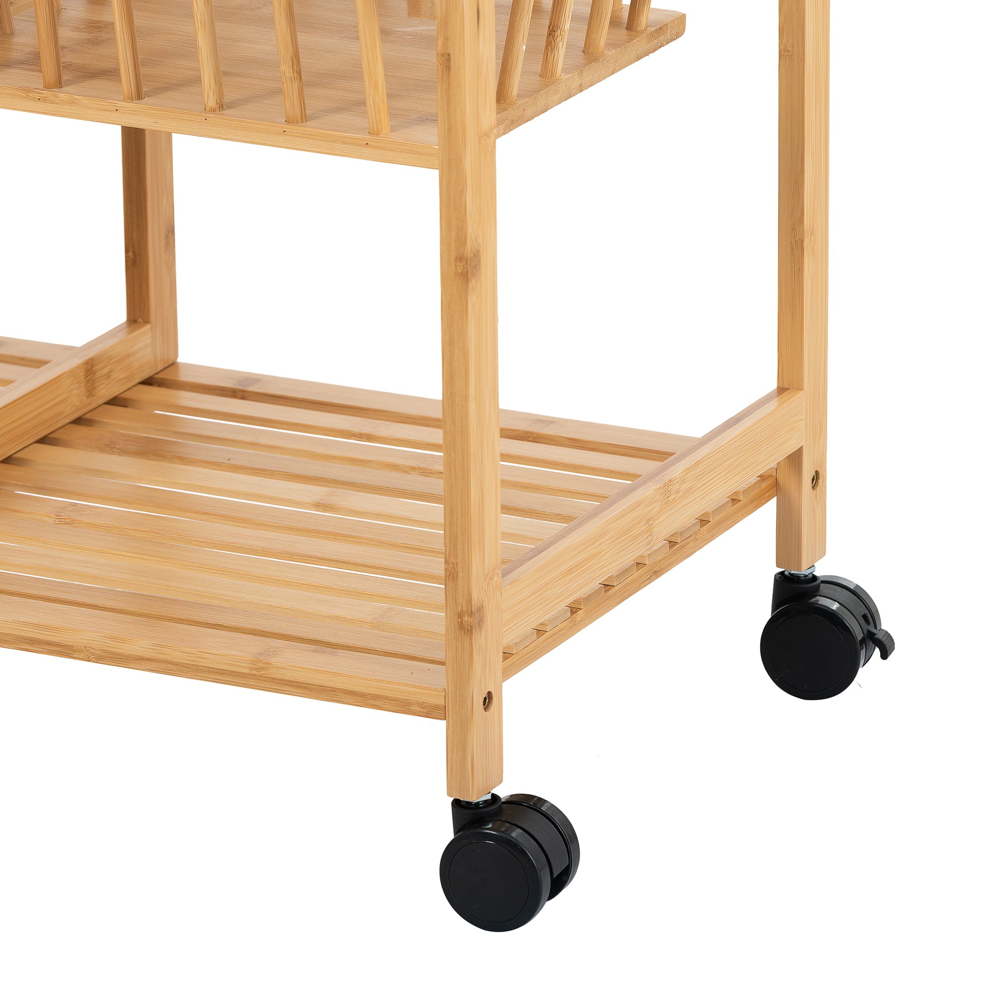 Bamboo Dining Cart， Kitchen Island Cart with Wood Tabletop， 4-Tier Rolling Storage Cart on Wheels， with Open Shelves and Basket Drawers for Home， Dining Room， Office， Restaurant， Hotel， L0485