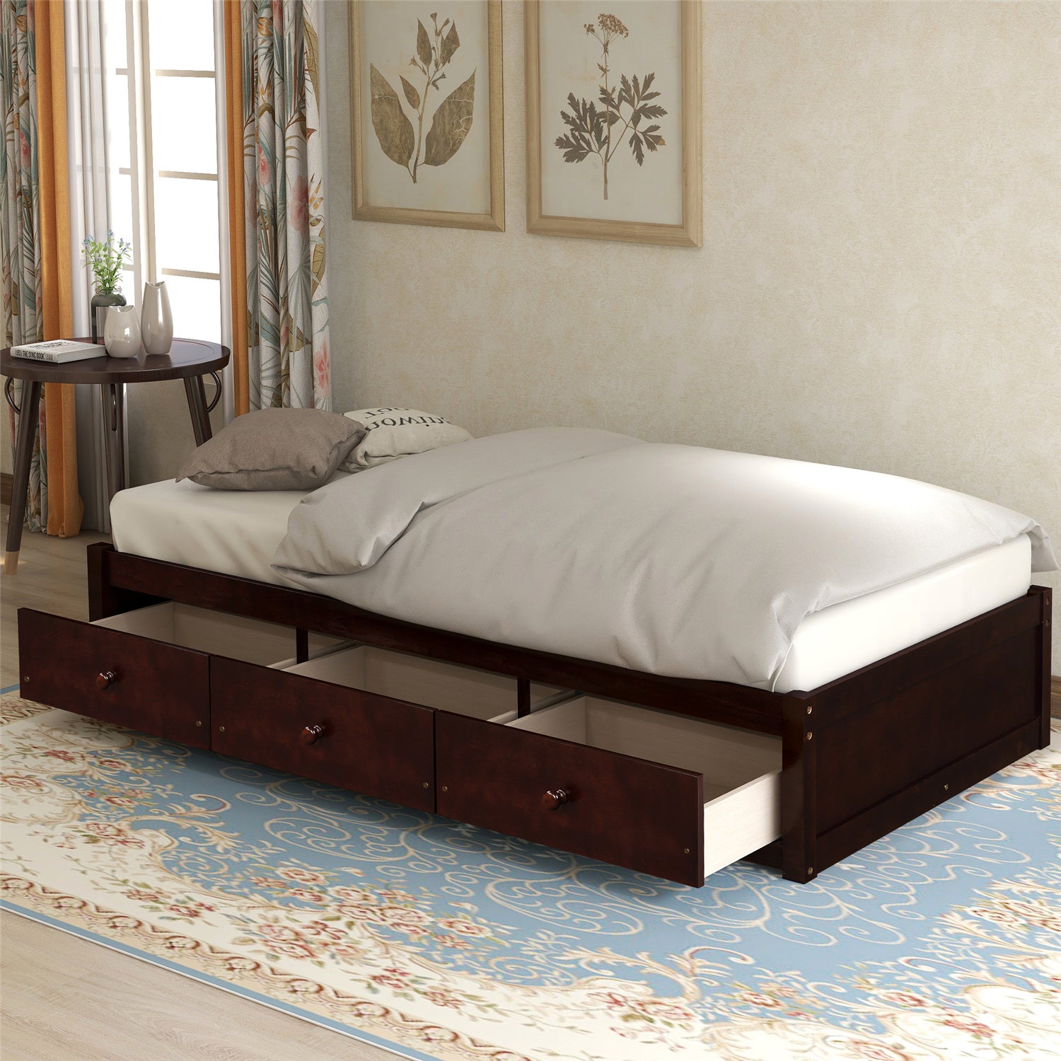 VANELC 3-Drawer Captain Storage Bed Twin (Cherry Finish)