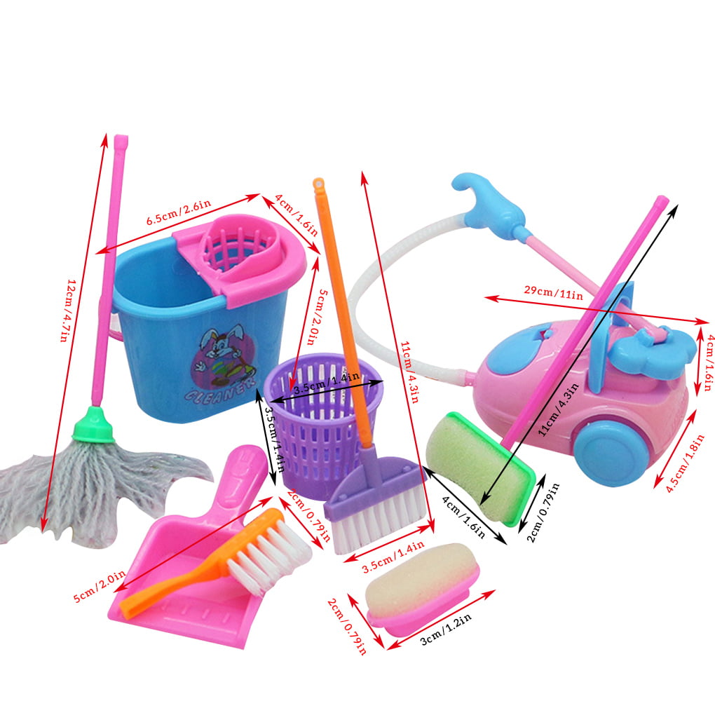 TureClos 9pcs/set Mini Pretend Play Mop Broom Toys， Cute Kids Cleaning Furniture Tools Kit - Random Color (Specially designed for Barbie dollhouse/toy dolls accessory)