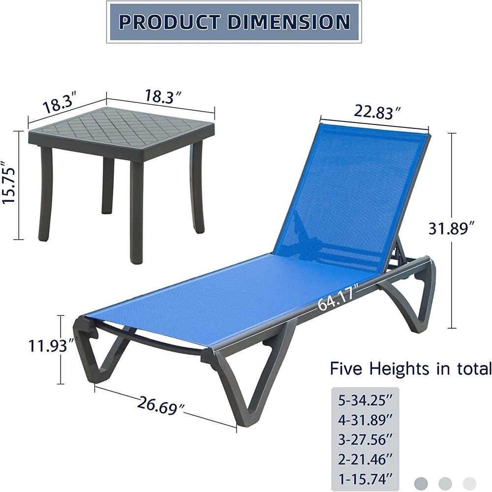 5 Adjustable Aluminium Polypropylene Outdoor 2 Chaise Lounge Chair and 1 Table in Blue   N/A