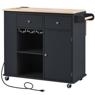 Black Rubber Wood 39.8 in. Kitchen Island with Adjustable Storage and Side Shelving SKC304642