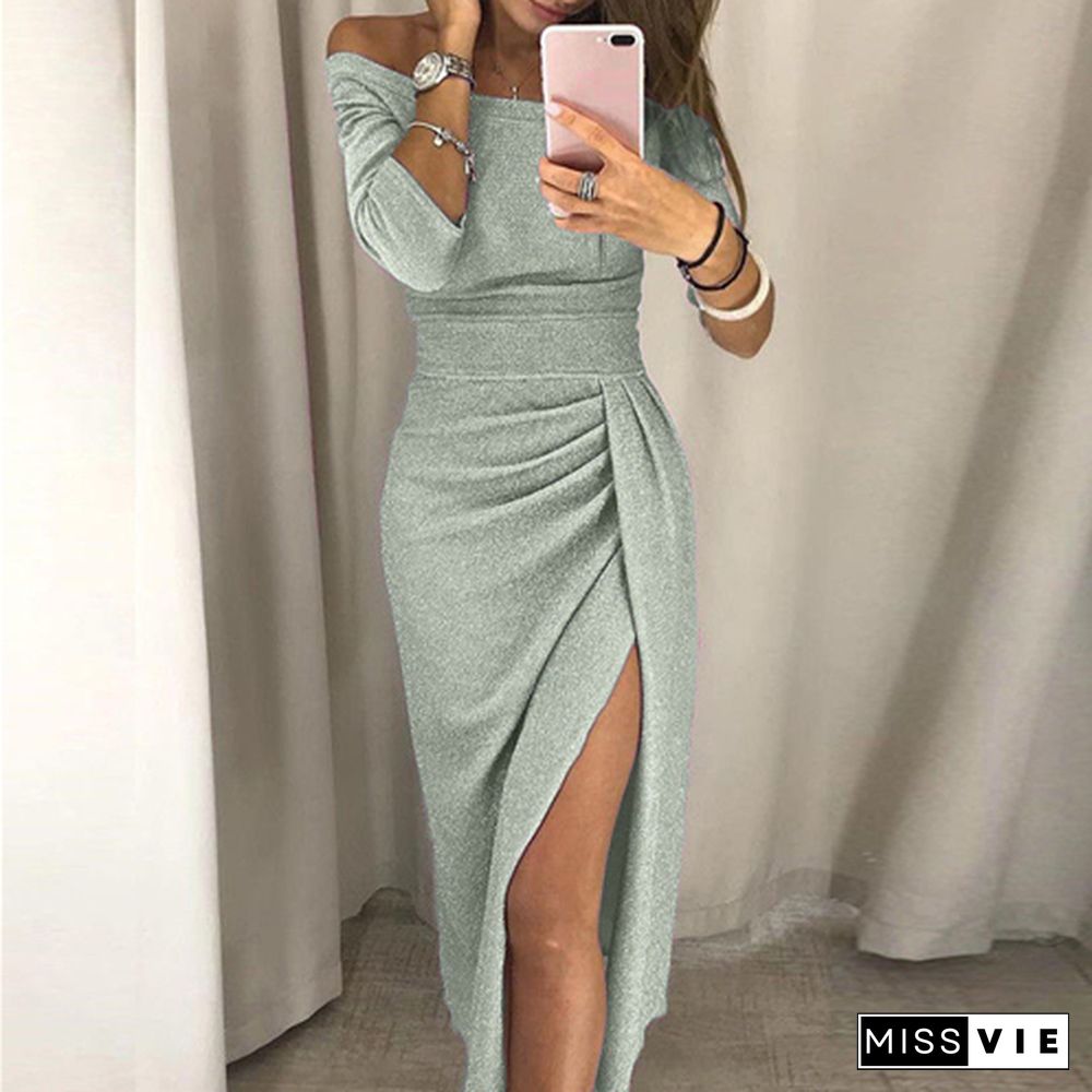 Formal Dress Women Elegant Long Sleeve Evening Party Dress New Solid Off Shoulder Women Dresses Sexy Club Dresses Roupa Feminina