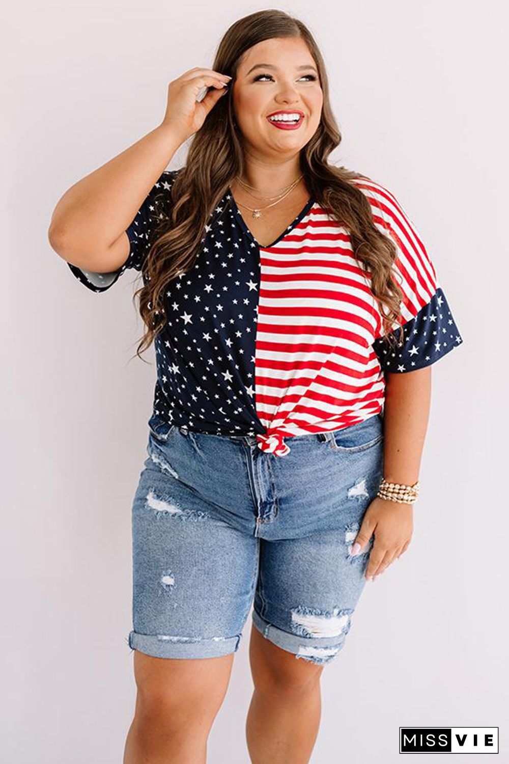 Plus Size Stripes and Stars Flag Print Patriotic Top