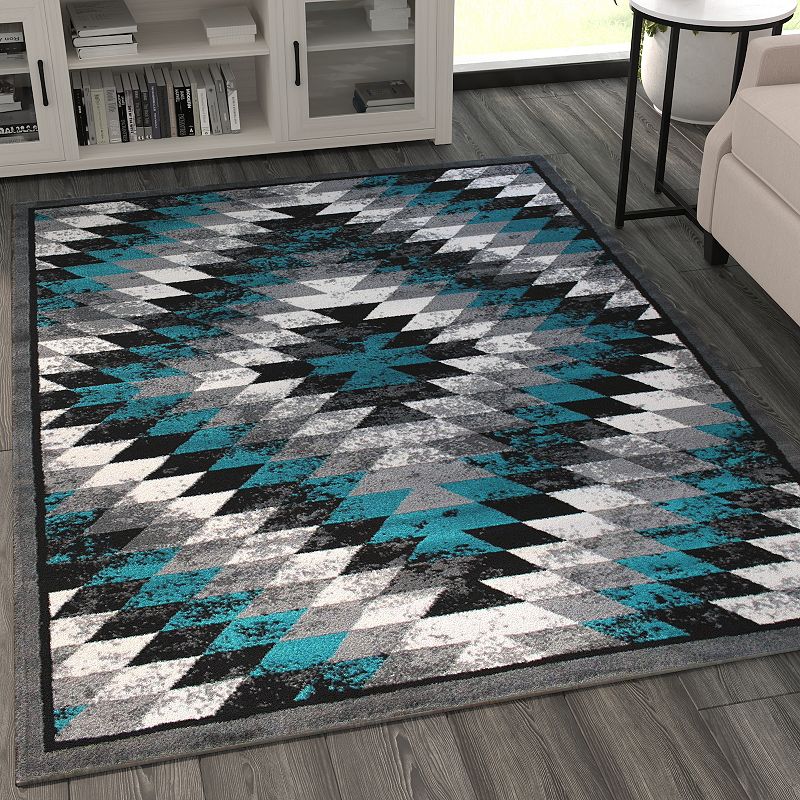 Masada Rugs Masada Rugs Stephanie Collection 5'x7' Area Rug with Distressed Southwest Native American Design 1106 in Turquoise， Gray， Black and White