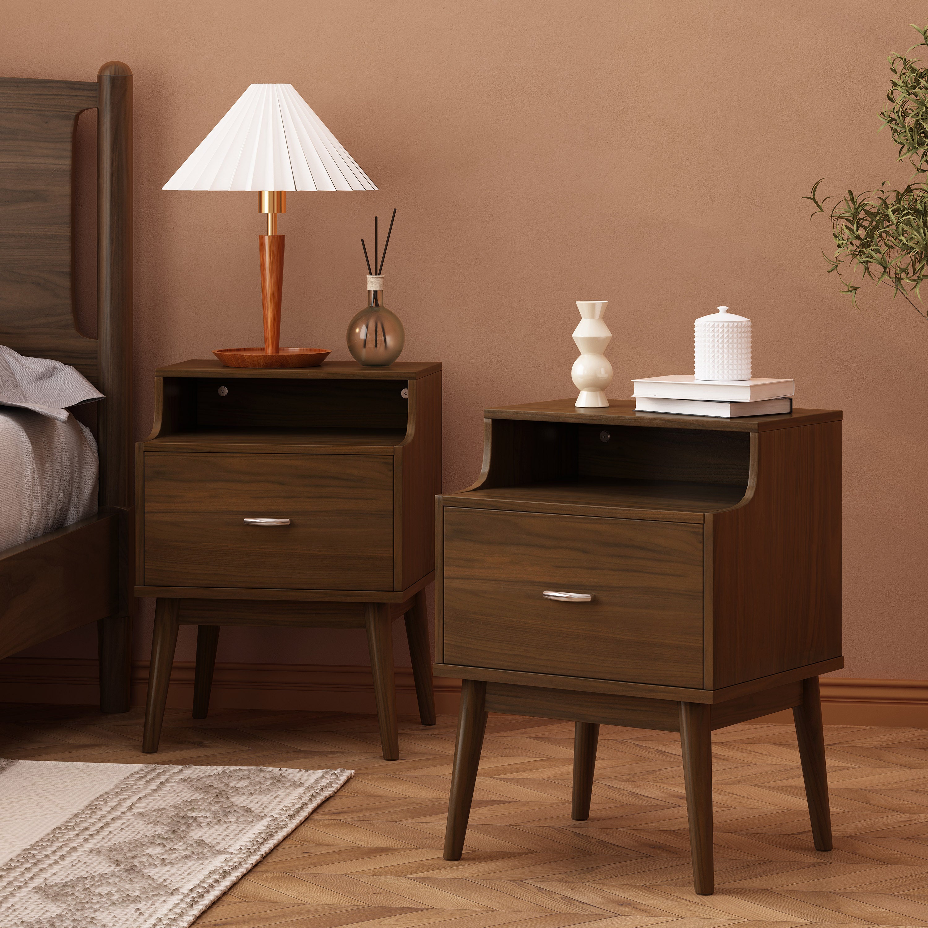 Wilbur Mid Century Wooden Nightstands with Hutch, Set of 2