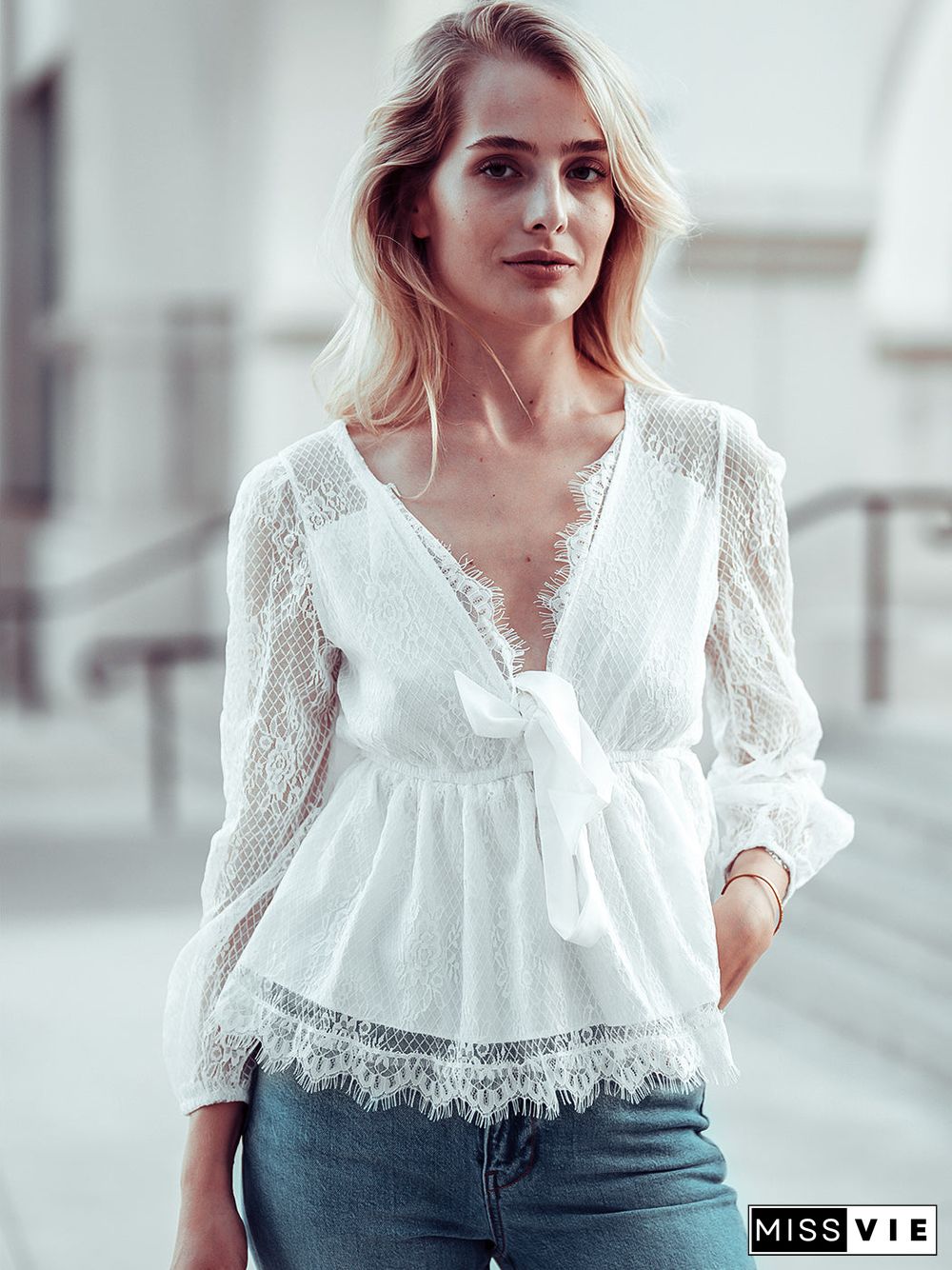 Plunge Neck Lace Detail Blouse