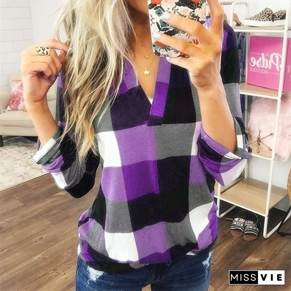 Best Selling Spring and Autumn Shirt Plaid Printed V-Neck Long Sleeve T-shirt