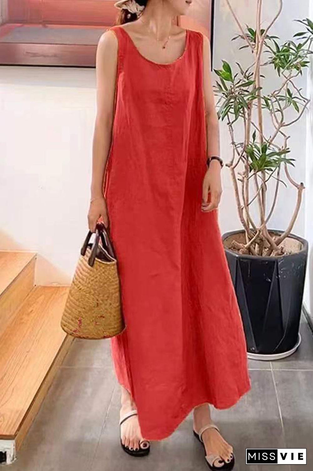 Casual Simplicity Solid Pocket O Neck Sleeveless Dress Dresses