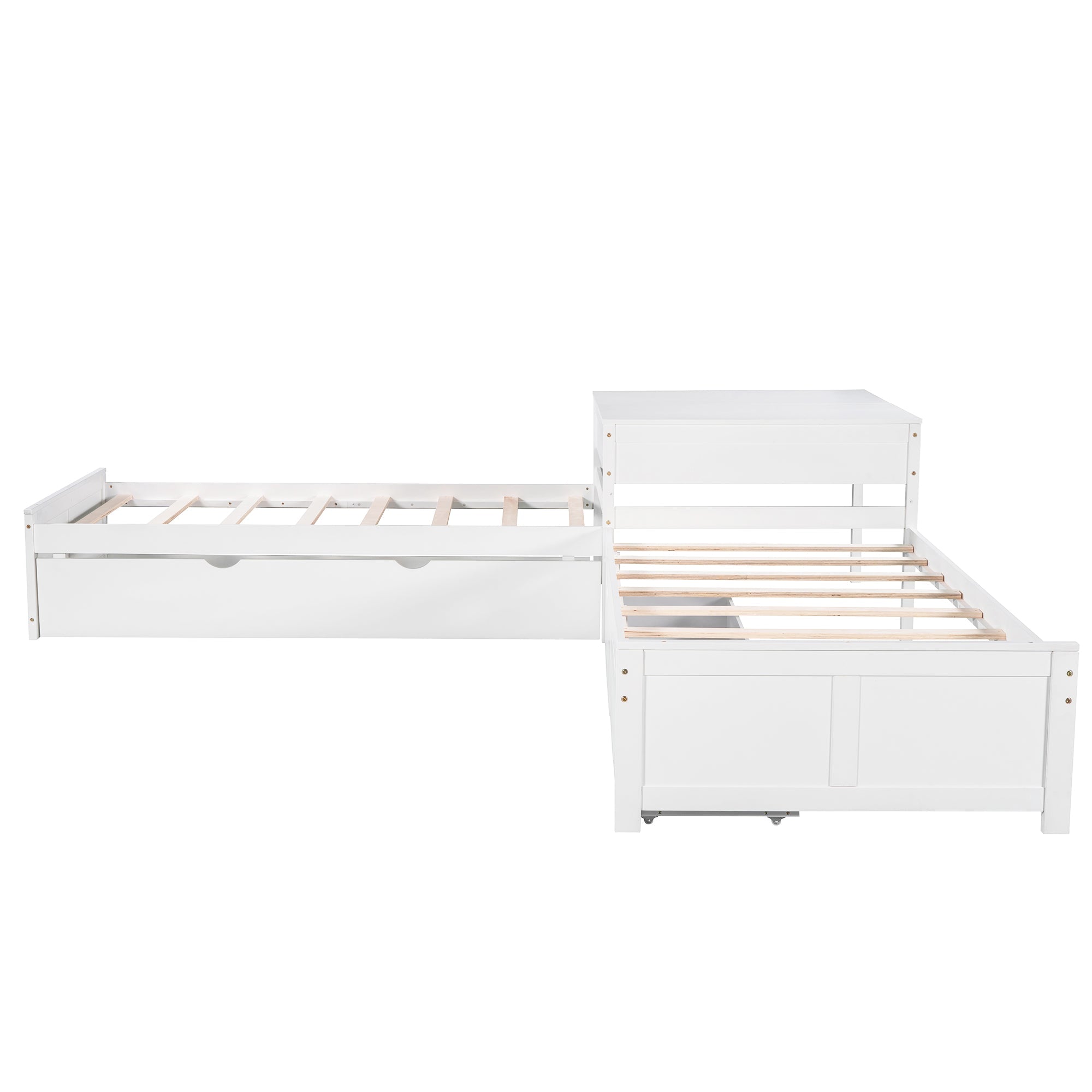 EUROCO Pine Wood L-Shaped Twin Platform Bed for Kids, White