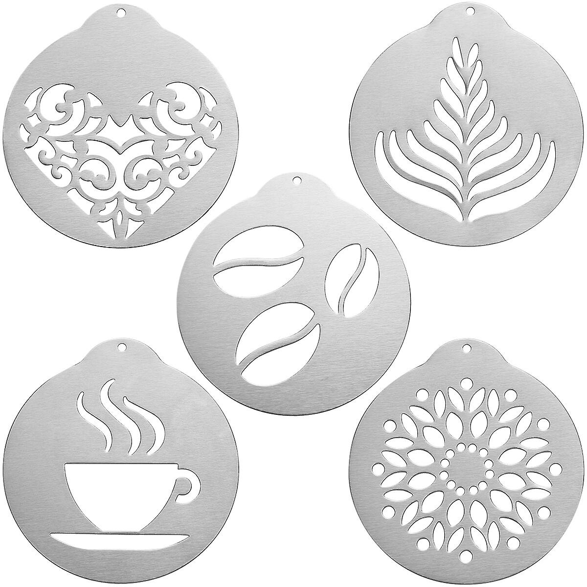 Bestonzon 5 Pcs Stainless Steel Coffee Stencils Barista Cappuccino Arts Templates Coffee Garland Mould Cake Decorating Tool