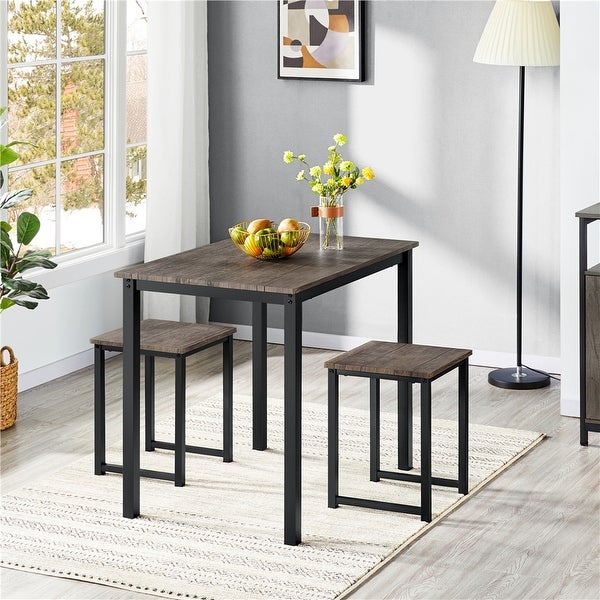 3-Piece Dining Set with Industrial Square Table and 2 Backless Chairs