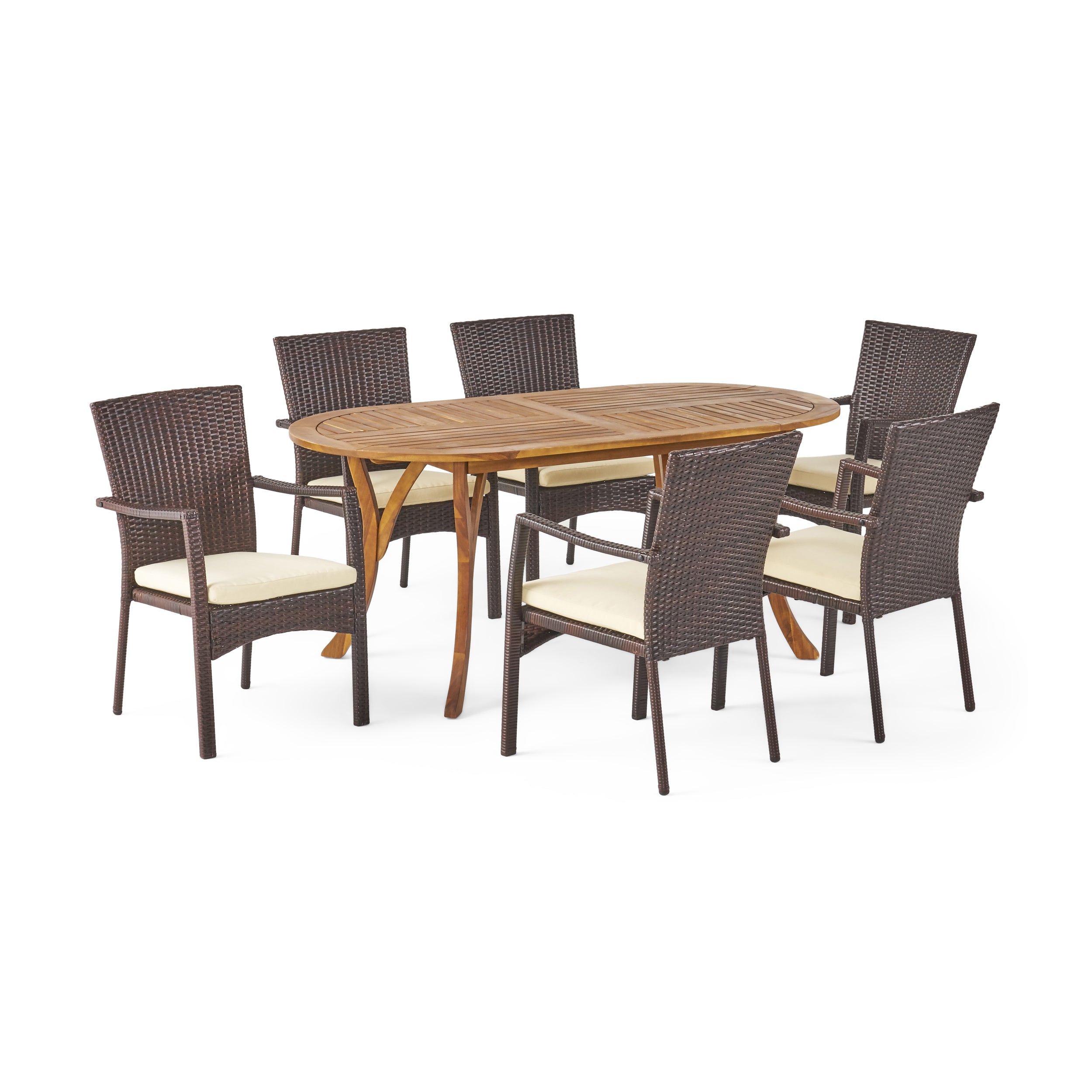 Polk Outdoor 7 Piece Acacia Wood and Wicker Dining Set, Teak with Brown Chairs