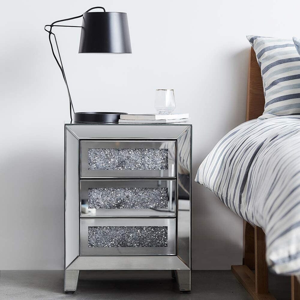 Mirrored Nightstand with 3 Drawers  Mirror Accent Silver Table for Living Room/Bedroom